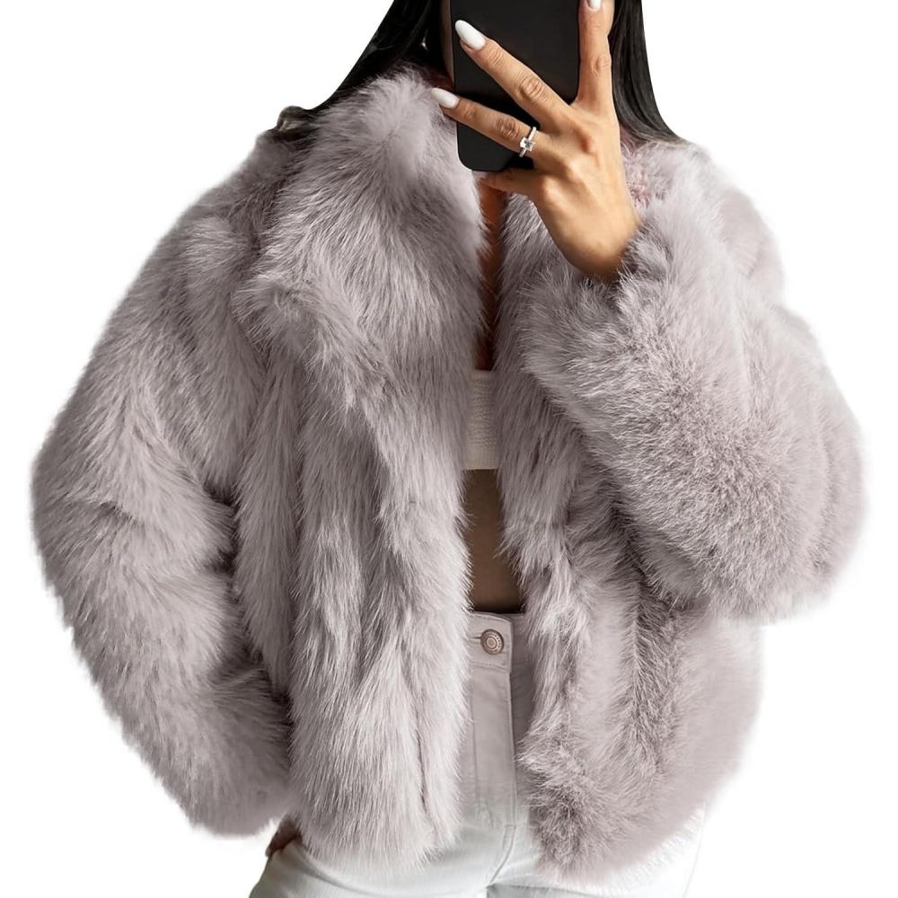 imageCOZYPOIN Womens Faux Fur Jacket Fluffy Fur Coat Cropped Long Sleeve Lapel Button Down Fuzzy Winter OuterwearLightkhaki