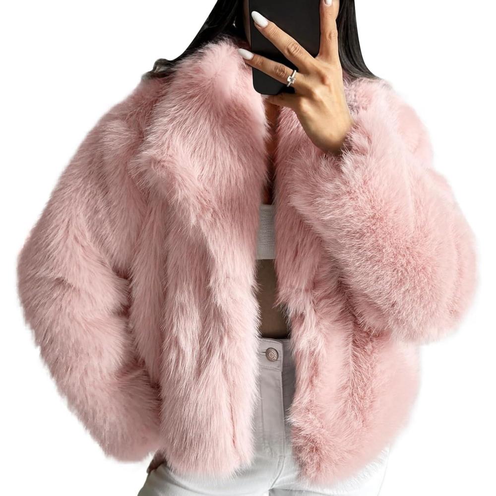 imageCOZYPOIN Womens Faux Fur Jacket Fluffy Fur Coat Cropped Long Sleeve Lapel Button Down Fuzzy Winter OuterwearPink