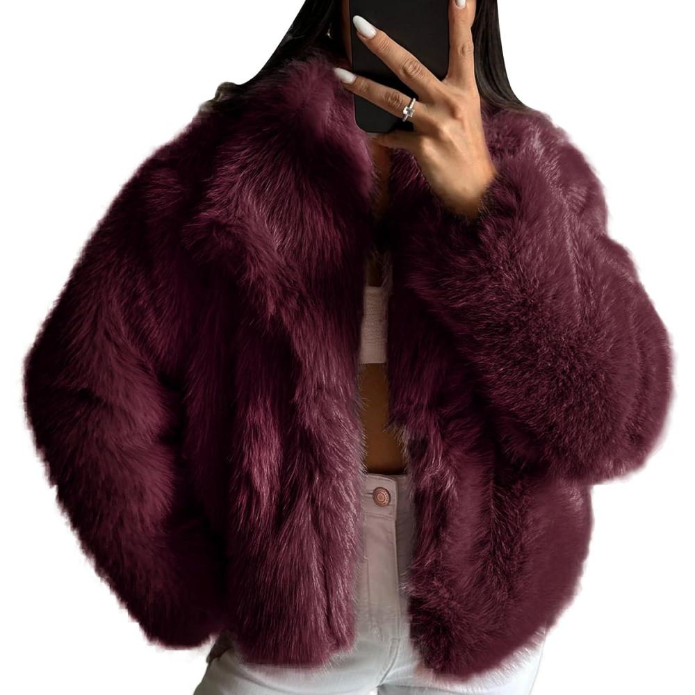imageCOZYPOIN Womens Faux Fur Jacket Fluffy Fur Coat Cropped Long Sleeve Lapel Button Down Fuzzy Winter OuterwearWinered