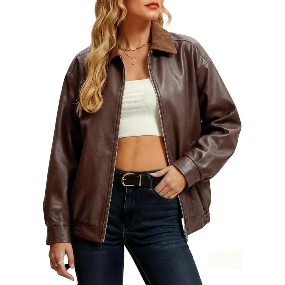 imageCasly Lamiit Women Leather Jacket Oversized Bomber Motorcycle Zip Up Jacket Spring Trendy Coats Fashion Clothes 2026Brown