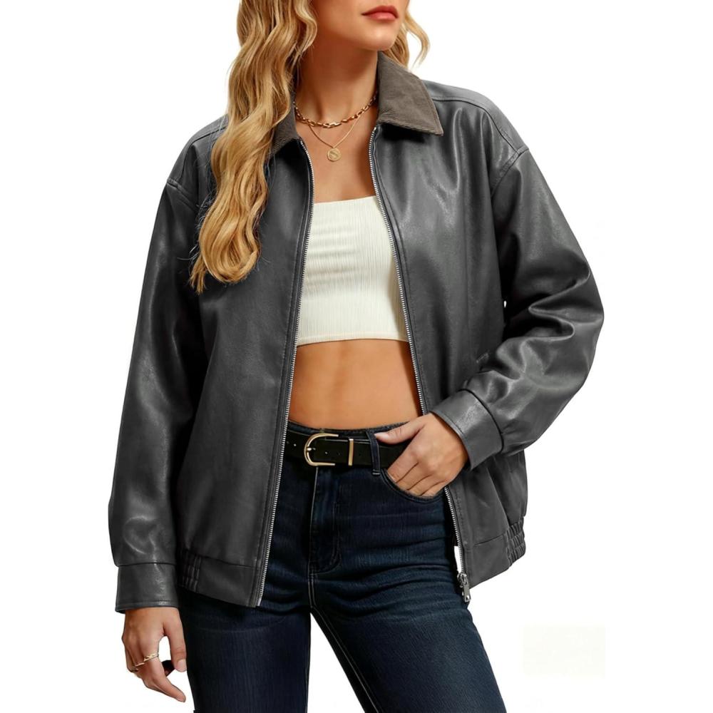 imageCasly Lamiit Women Leather Jacket Oversized Bomber Motorcycle Zip Up Jacket Spring Trendy Coats Fashion Clothes 2026Dark Grey