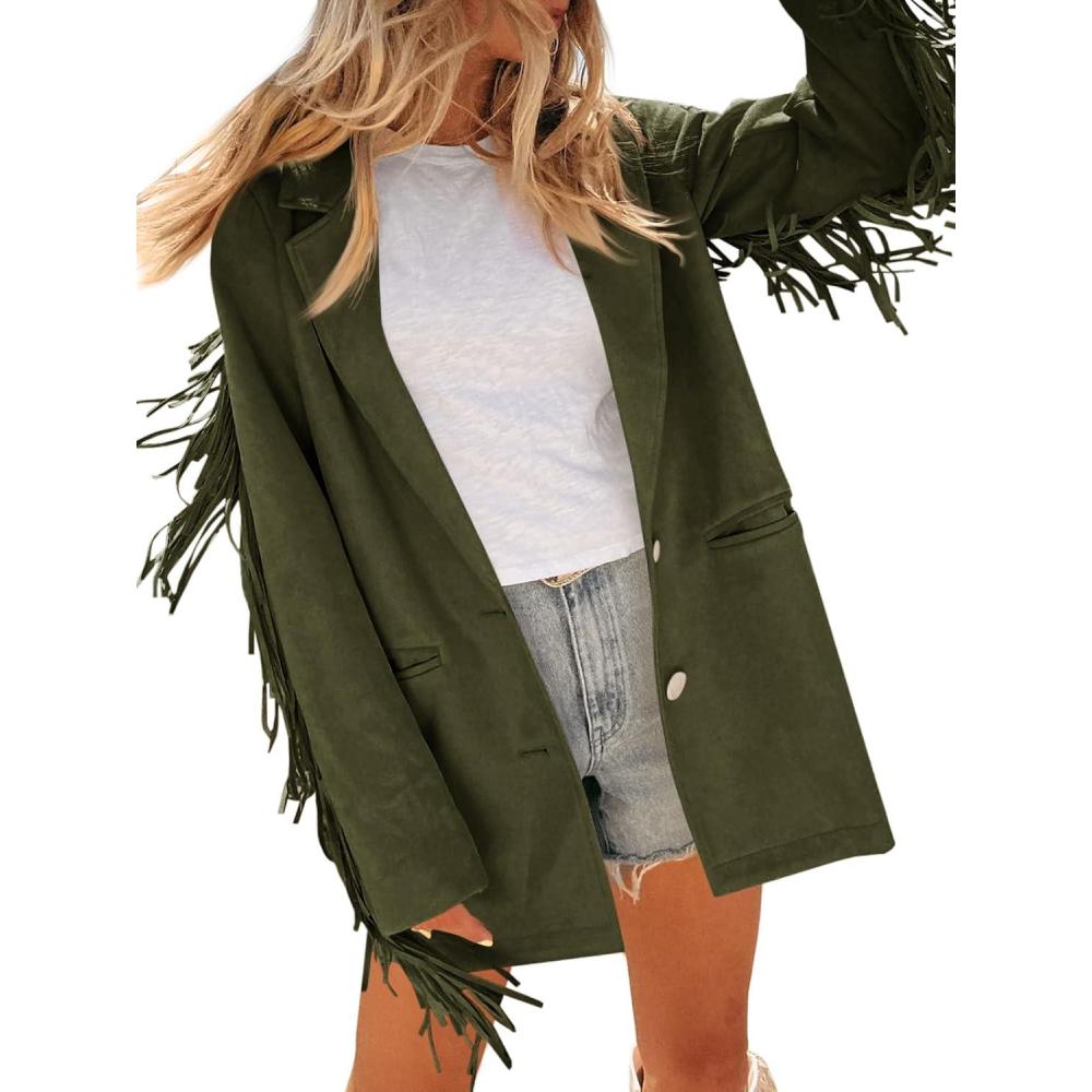 imageCicy Bell Womens Faux Suede Fringe Jacket Casual Blazer Long Sleeve Lapel Button Front Suit JacketsArmy Green