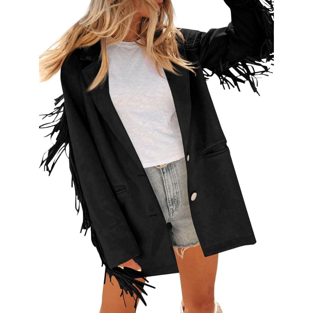 imageCicy Bell Womens Faux Suede Fringe Jacket Casual Blazer Long Sleeve Lapel Button Front Suit JacketsBlack