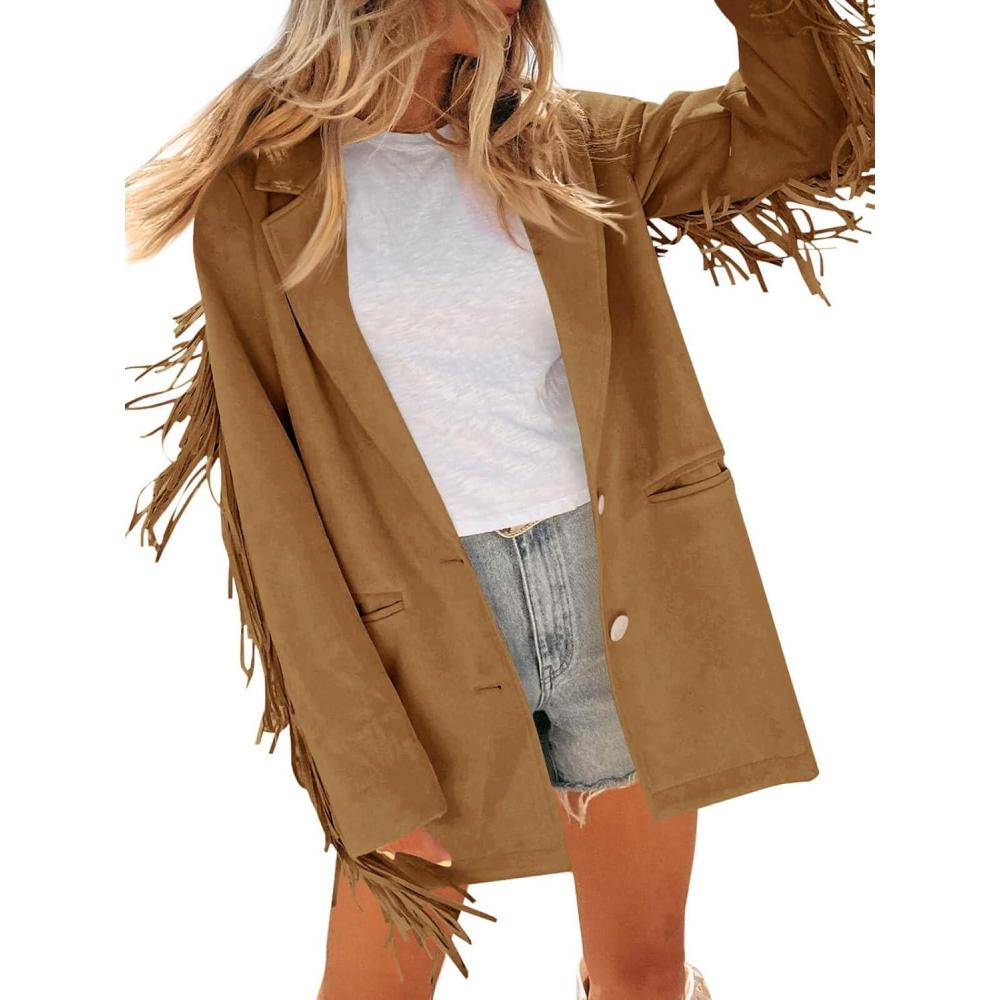 imageCicy Bell Womens Faux Suede Fringe Jacket Casual Blazer Long Sleeve Lapel Button Front Suit JacketsBrown
