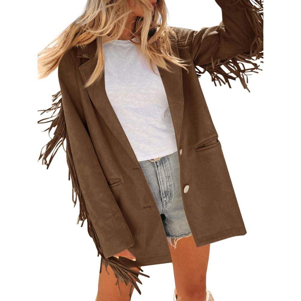 imageCicy Bell Womens Faux Suede Fringe Jacket Casual Blazer Long Sleeve Lapel Button Front Suit JacketsDark Brown