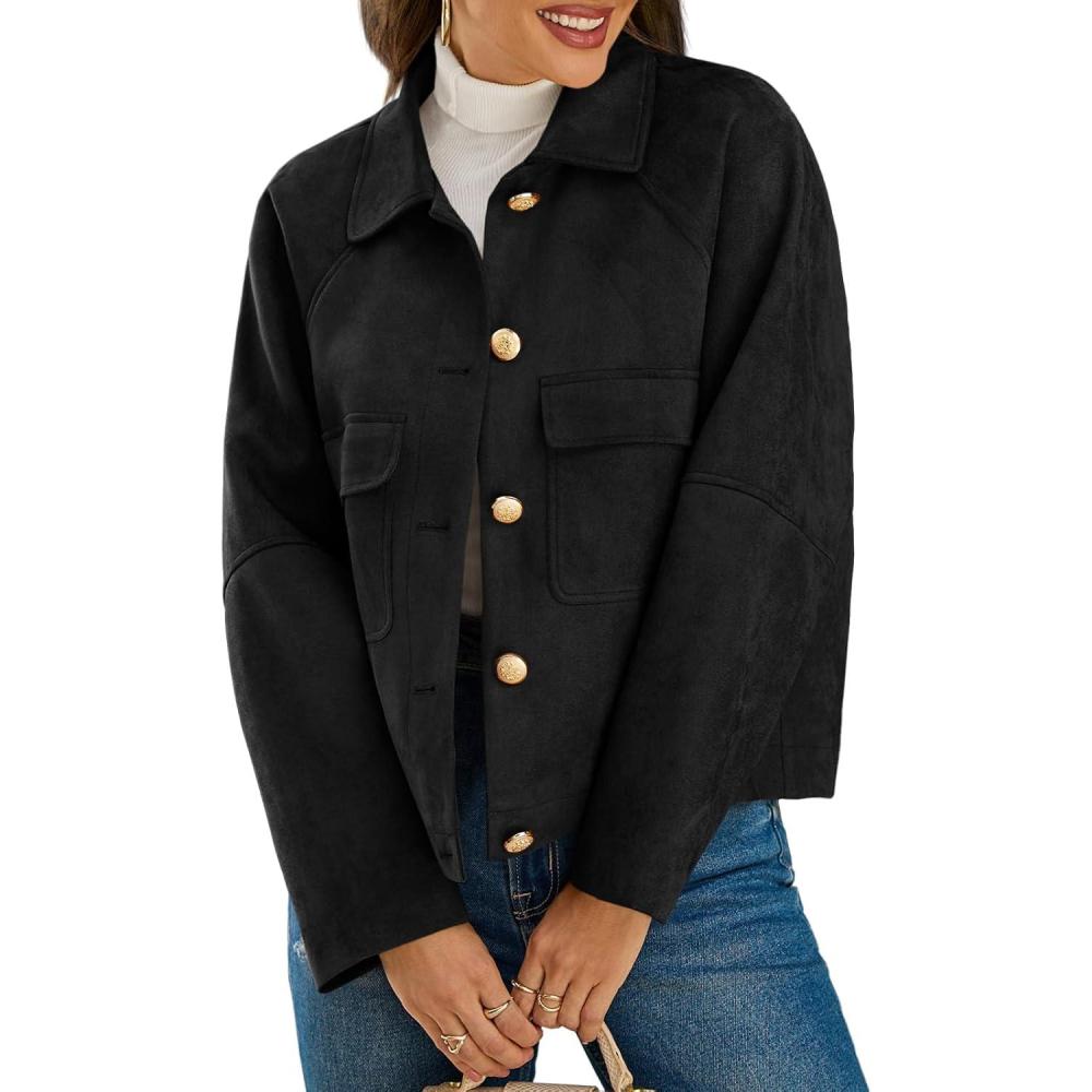 imageCicy Bell Womens Faux Suede Leather Jackets Oversized Cropped Casual Lapel Collar Button Down Fall Vintage ShacketsBlack