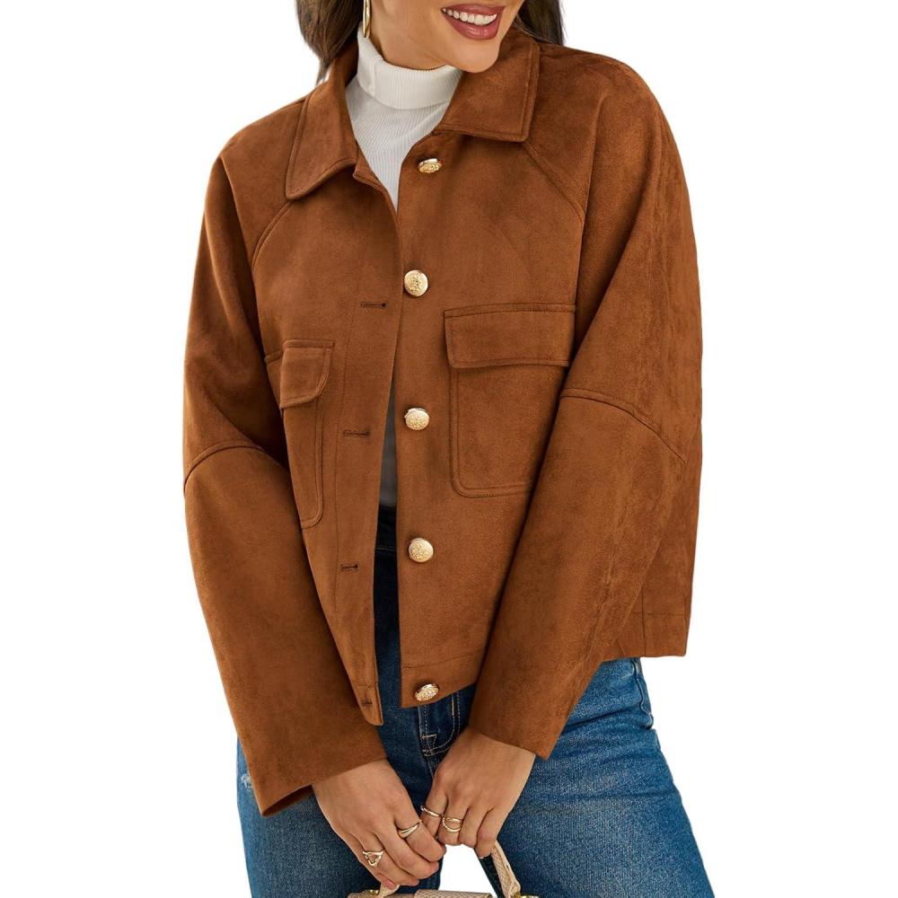 imageCicy Bell Womens Faux Suede Leather Jackets Oversized Cropped Casual Lapel Collar Button Down Fall Vintage ShacketsBrown