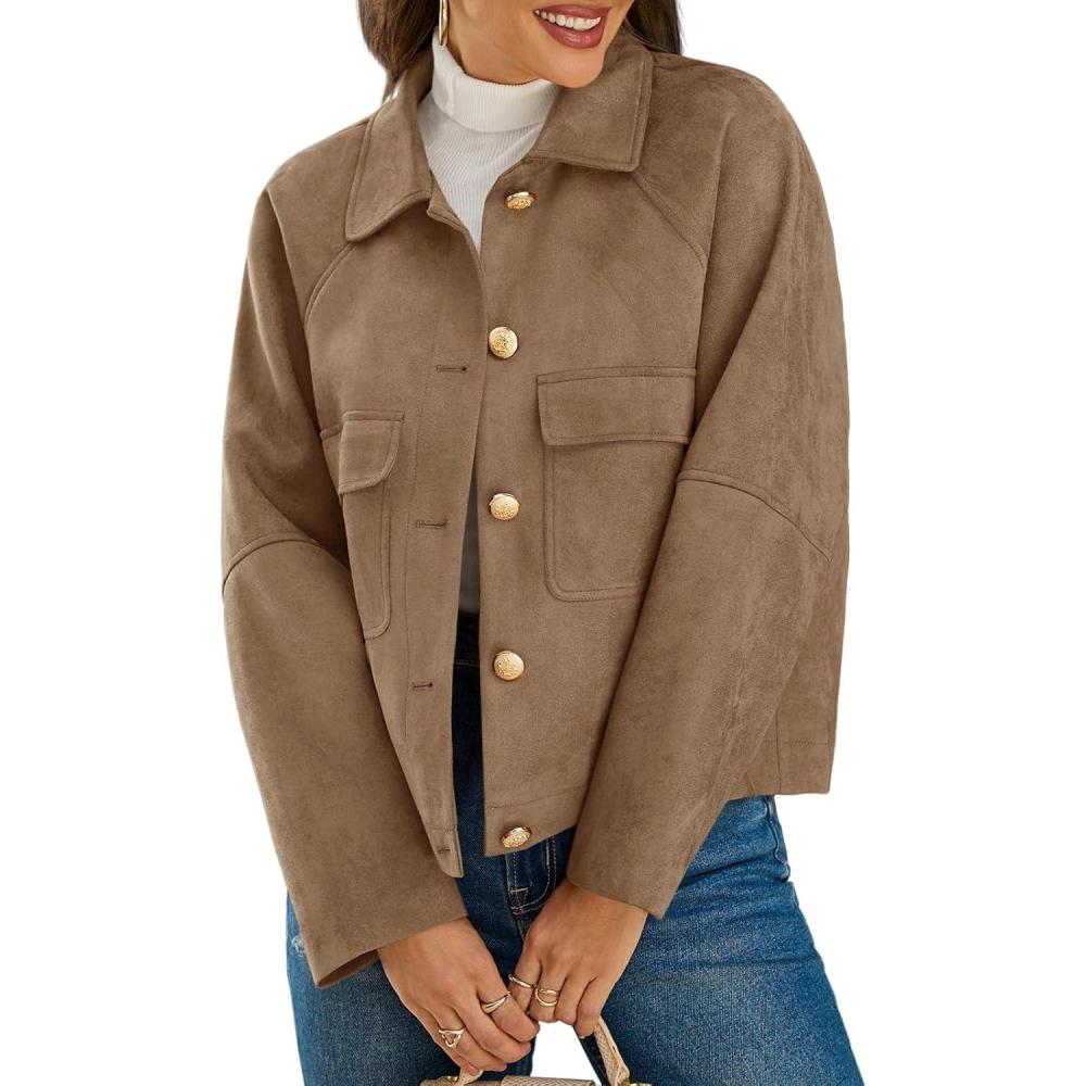 imageCicy Bell Womens Faux Suede Leather Jackets Oversized Cropped Casual Lapel Collar Button Down Fall Vintage ShacketsDark Brown