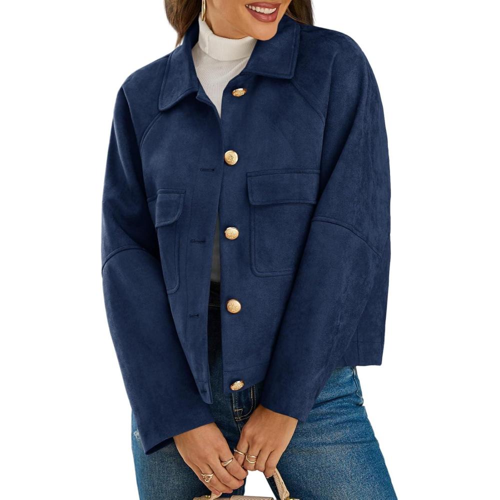 imageCicy Bell Womens Faux Suede Leather Jackets Oversized Cropped Casual Lapel Collar Button Down Fall Vintage ShacketsNavy