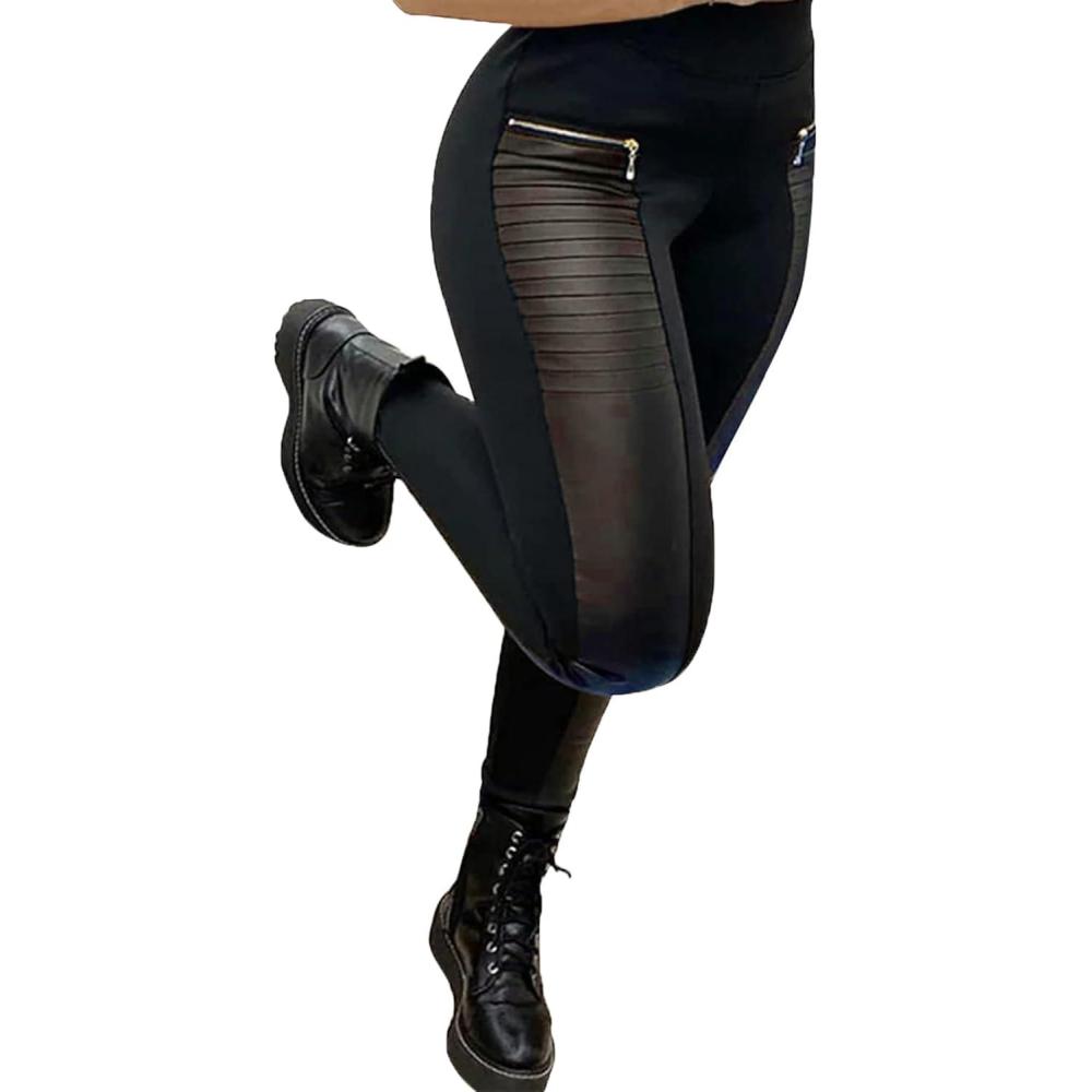 imageDAOAO Faux Leather Leggings for Women Pleather Pant Elastic Mid Waisted Stretchy Patch Zip TightsBrown