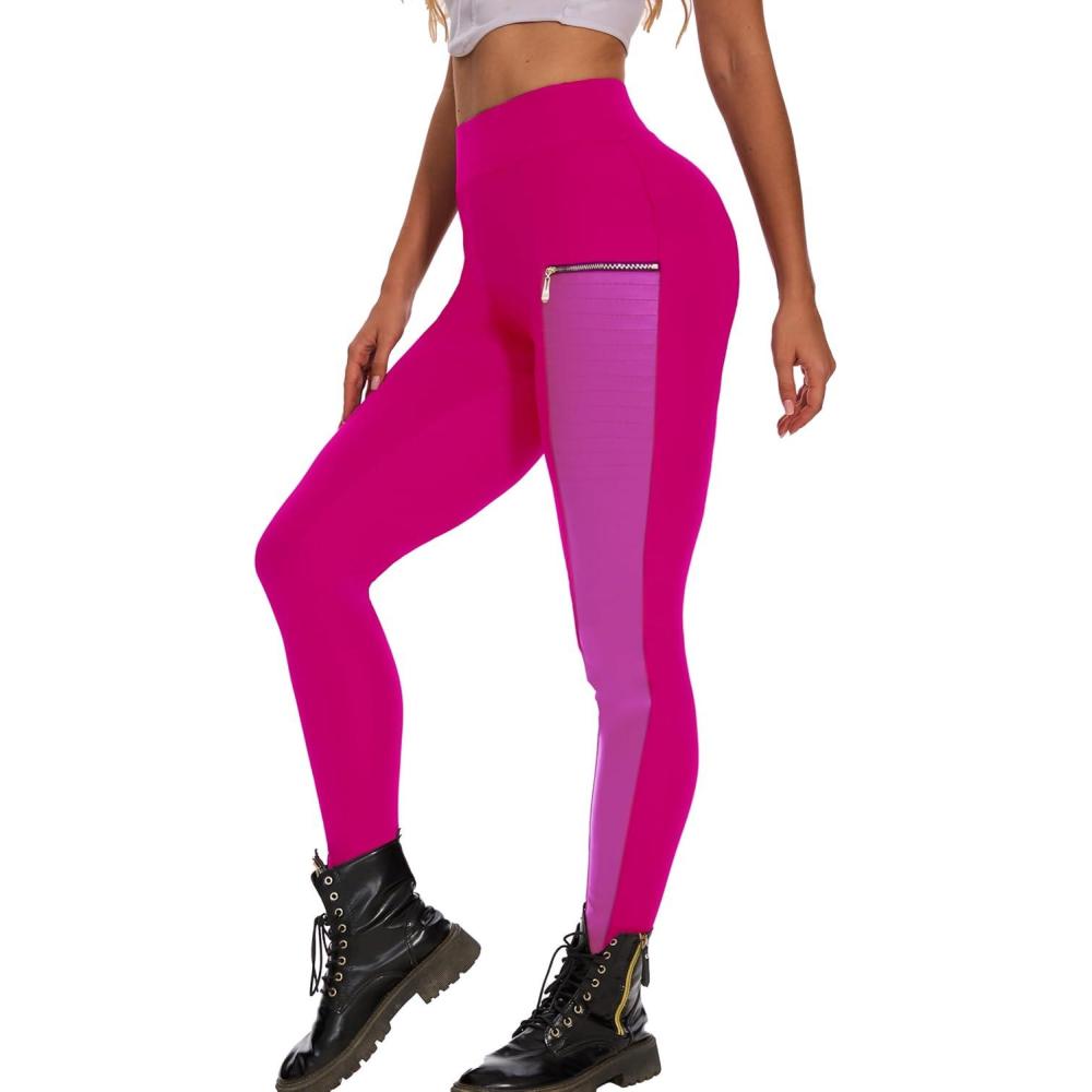 imageDAOAO Faux Leather Leggings for Women Pleather Pant Elastic Mid Waisted Stretchy Patch Zip TightsRose Pink