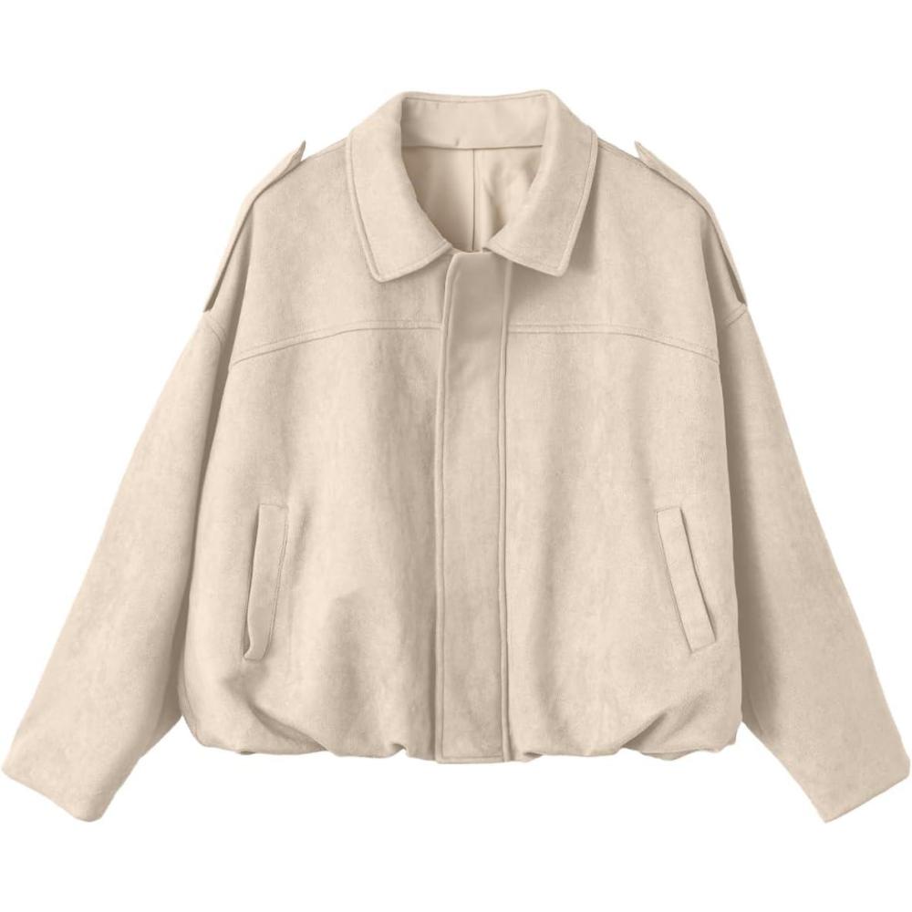 imageEVALESS Womens Faux Suede Bomber Jackets Long Sleeve Fall Coats Zip Up Cropped Jacket Trendy Winter Warm OuterwearBeige