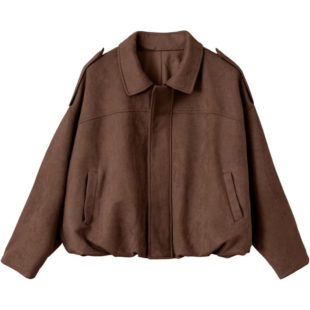 imageEVALESS Womens Faux Suede Bomber Jackets Long Sleeve Fall Coats Zip Up Cropped Jacket Trendy Winter Warm OuterwearChicory Coffee