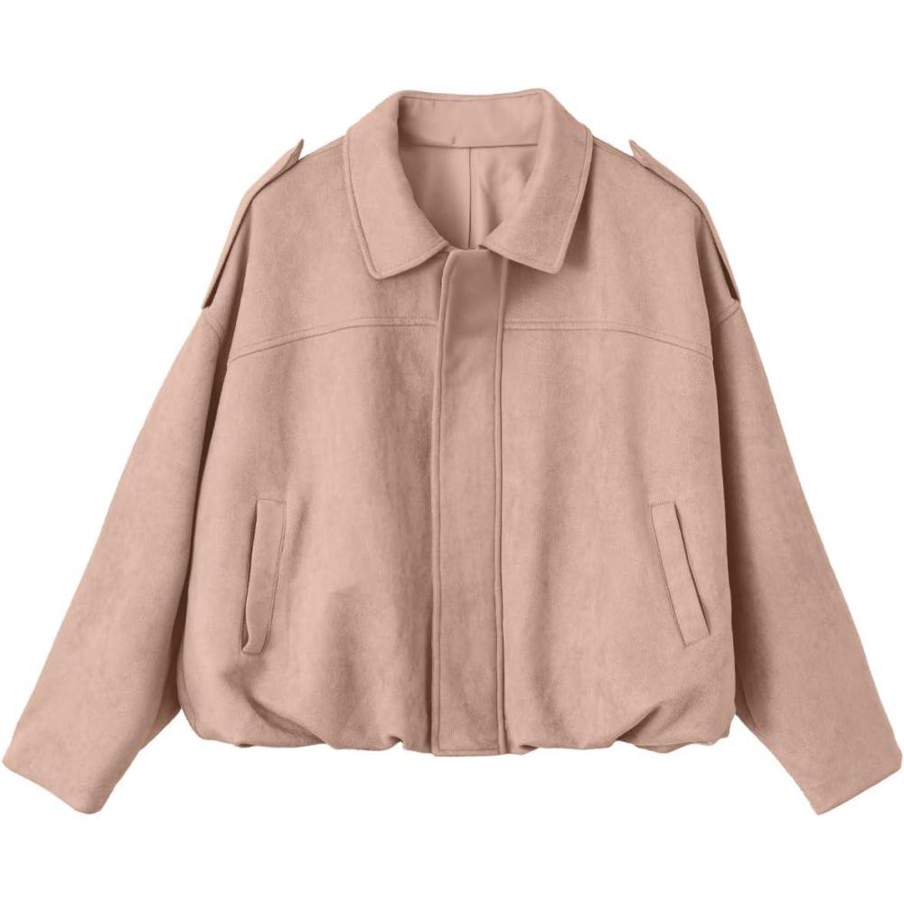 imageEVALESS Womens Faux Suede Bomber Jackets Long Sleeve Fall Coats Zip Up Cropped Jacket Trendy Winter Warm OuterwearLight Khaki