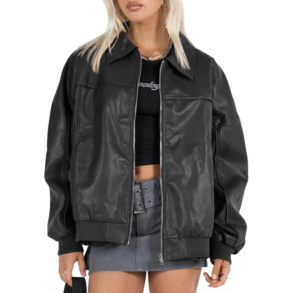 imageEsheSy Womens Oversized Leather Jacket Faux Suede Boyfriend Motorcycle Full Zip Bomber JacketBlack