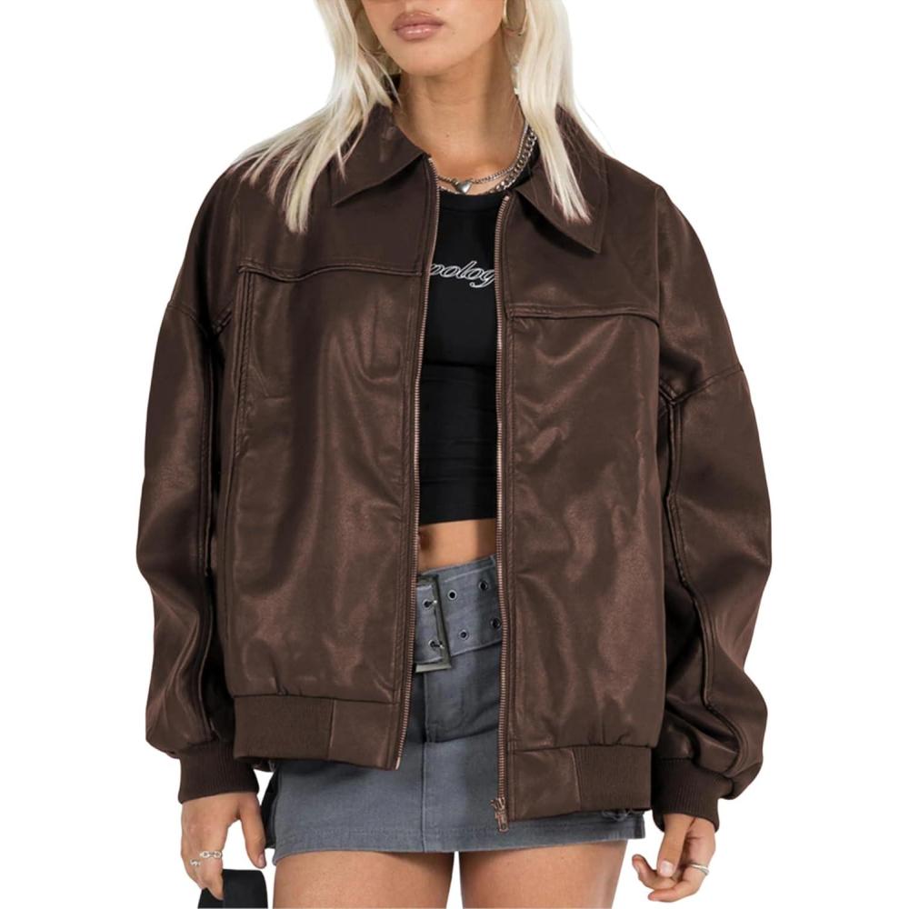 imageEsheSy Womens Oversized Leather Jacket Faux Suede Boyfriend Motorcycle Full Zip Bomber JacketBrown