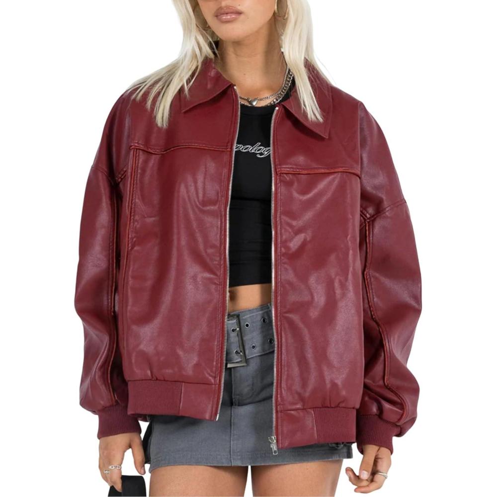 imageEsheSy Womens Oversized Leather Jacket Faux Suede Boyfriend Motorcycle Full Zip Bomber JacketBurgundy