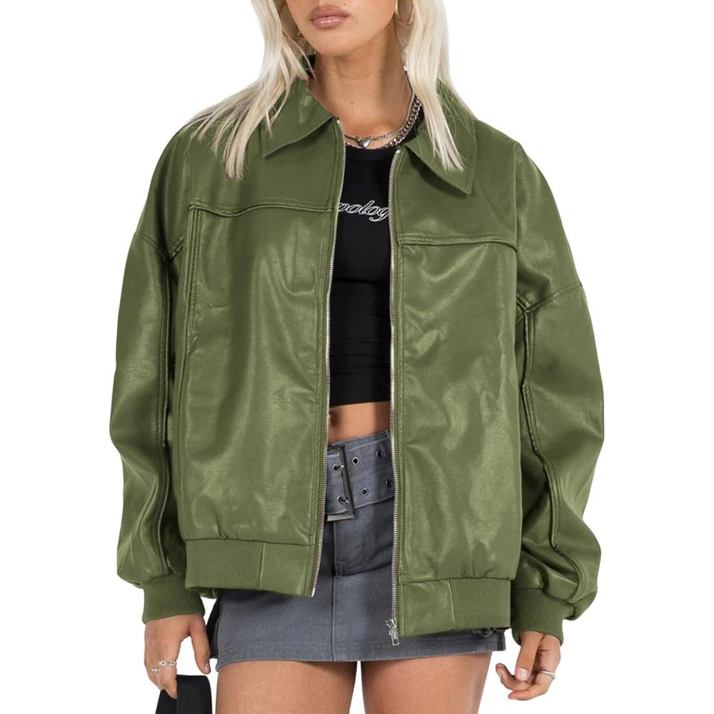 imageEsheSy Womens Oversized Leather Jacket Faux Suede Boyfriend Motorcycle Full Zip Bomber JacketGreen