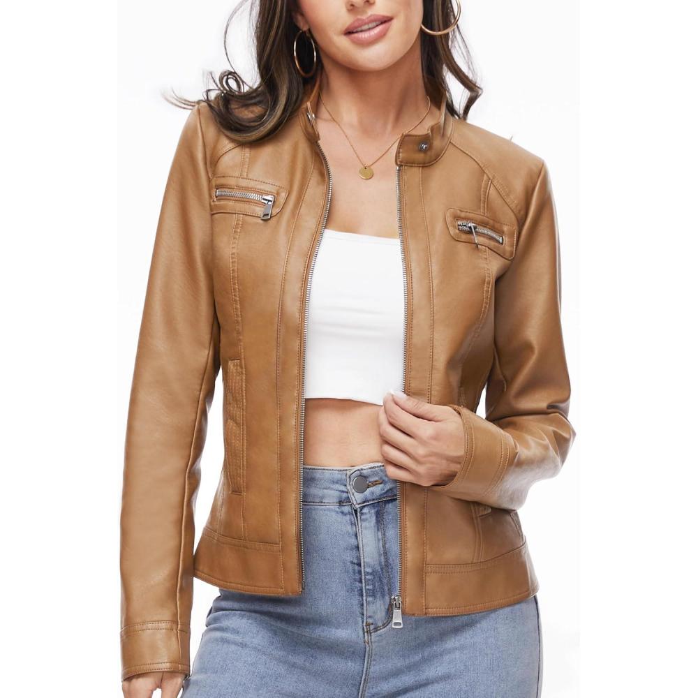 imageFahsyee Zip Leather Jackets for Women Motorcycle Faux PU Moto Biker Outwear CoatCamel