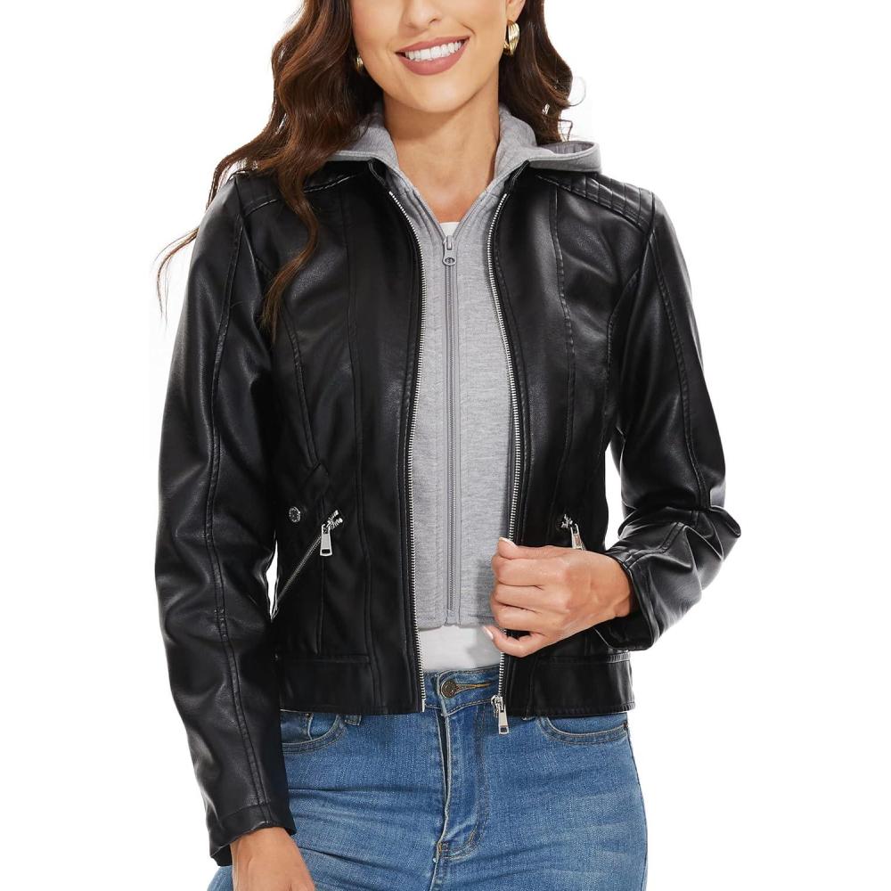 imageFahsyee Zip Leather Jackets for Women Motorcycle Faux PU Moto Biker Outwear CoatJet Black