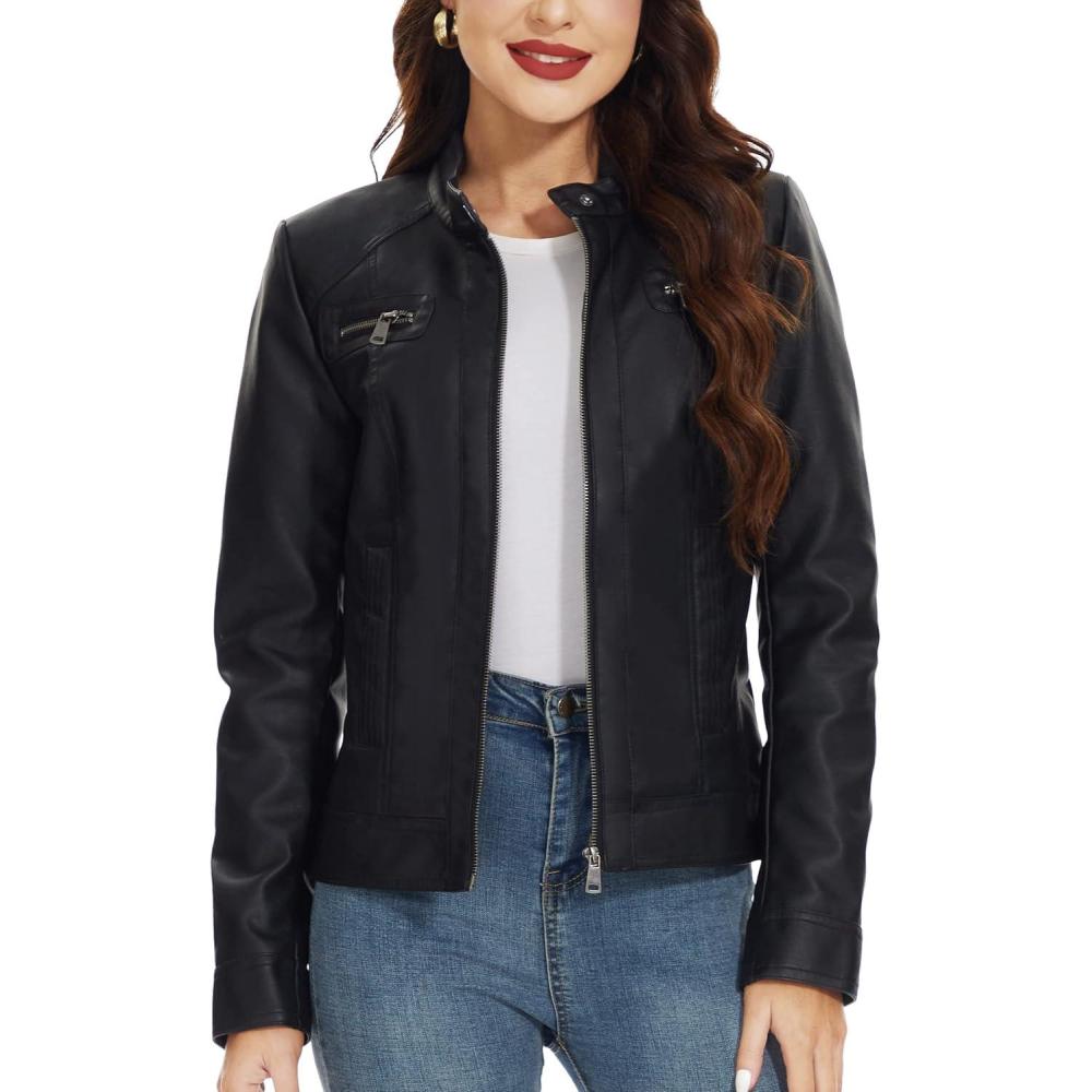 imageFahsyee Zip Leather Jackets for Women Motorcycle Faux PU Moto Biker Outwear CoatPure Black