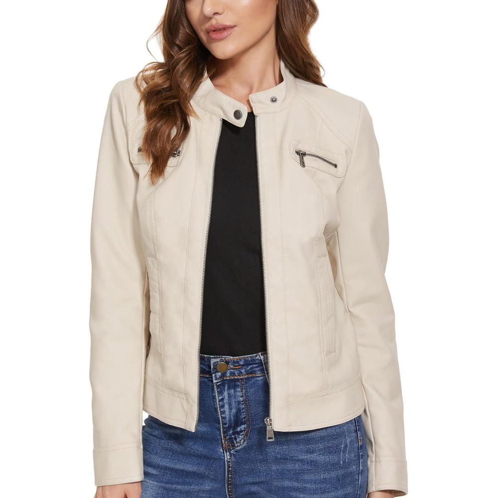imageFahsyee Zip Leather Jackets for Women Motorcycle Faux PU Moto Biker Outwear CoatWhite