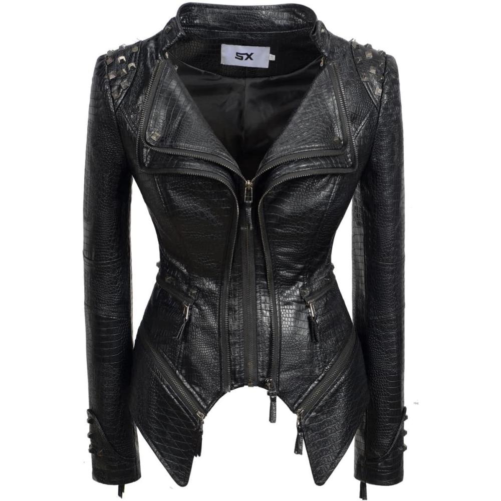imageFashion SX Womens Punk Studded Fauxalligator Print Pattern PU Leather Jackets Zipper Moto Biker CoatBlack