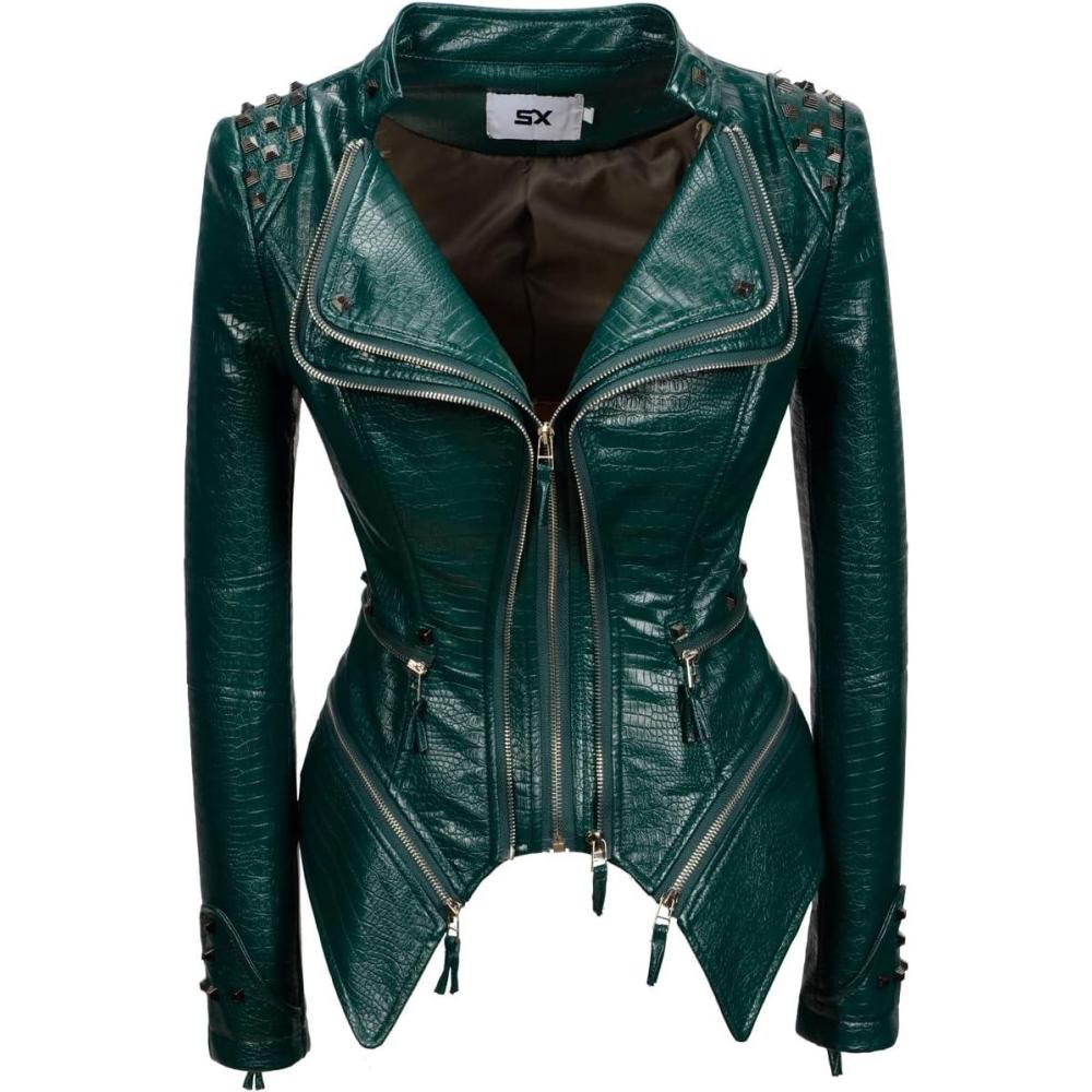 imageFashion SX Womens Punk Studded Fauxalligator Print Pattern PU Leather Jackets Zipper Moto Biker CoatGreen