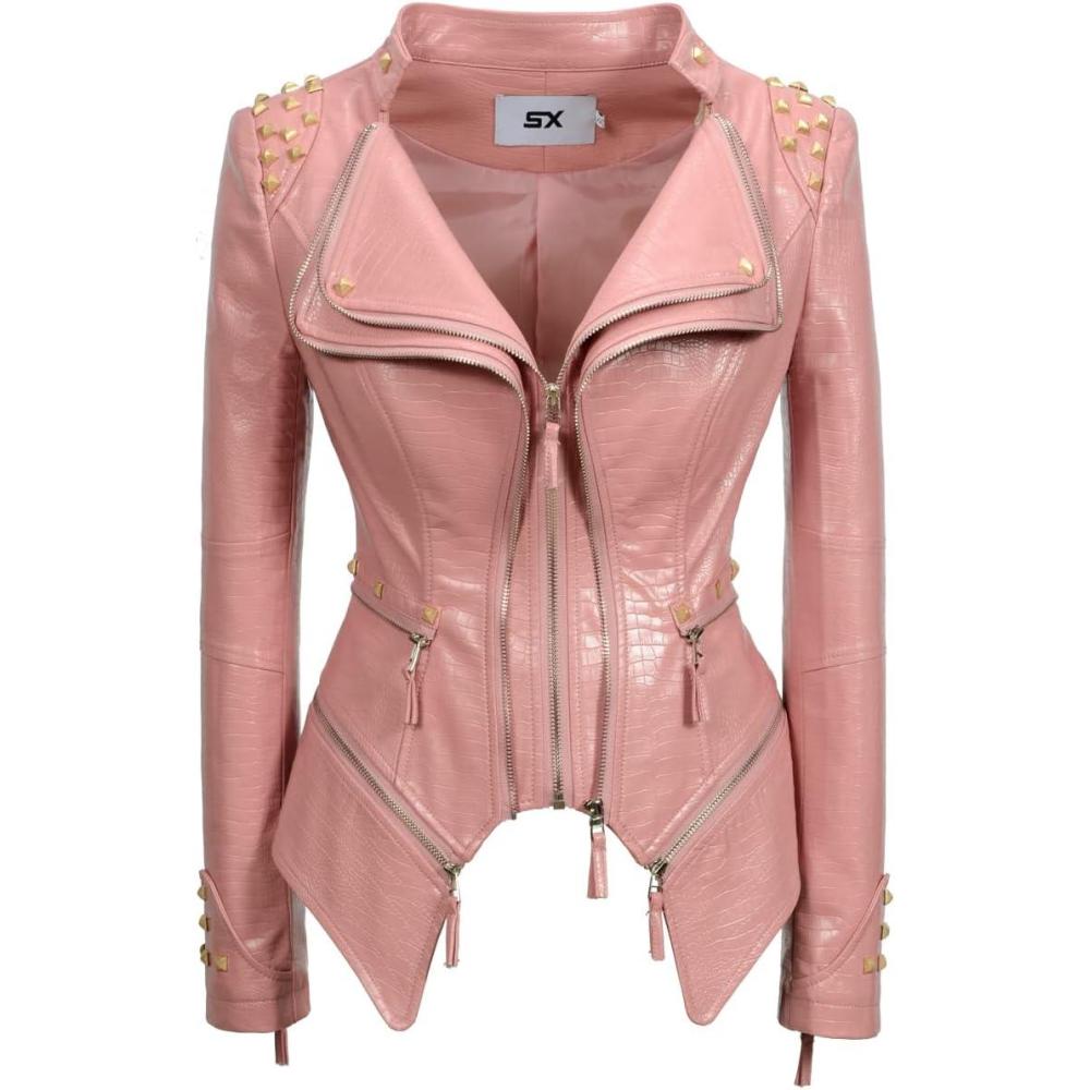 imageFashion SX Womens Punk Studded Fauxalligator Print Pattern PU Leather Jackets Zipper Moto Biker CoatPink