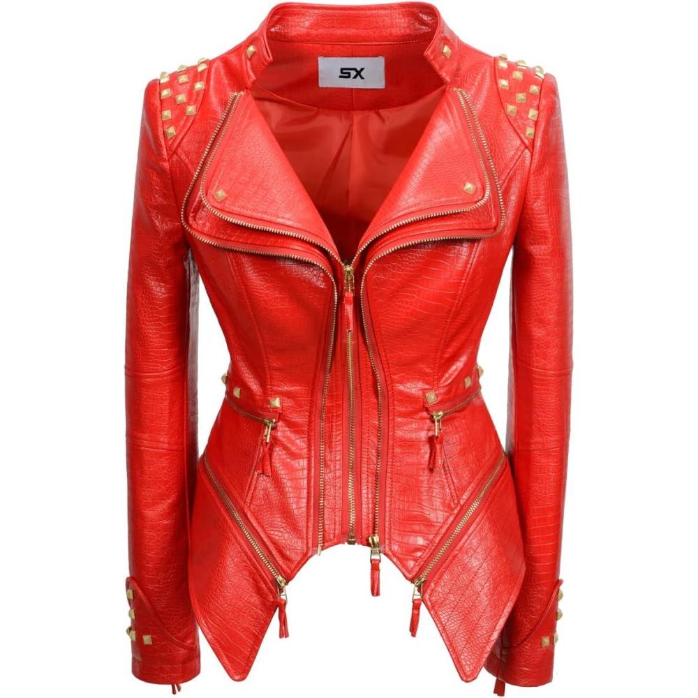 imageFashion SX Womens Punk Studded Fauxalligator Print Pattern PU Leather Jackets Zipper Moto Biker CoatRed
