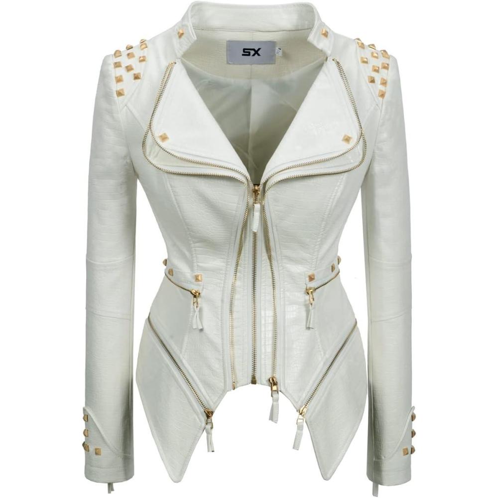 imageFashion SX Womens Punk Studded Fauxalligator Print Pattern PU Leather Jackets Zipper Moto Biker CoatWhite