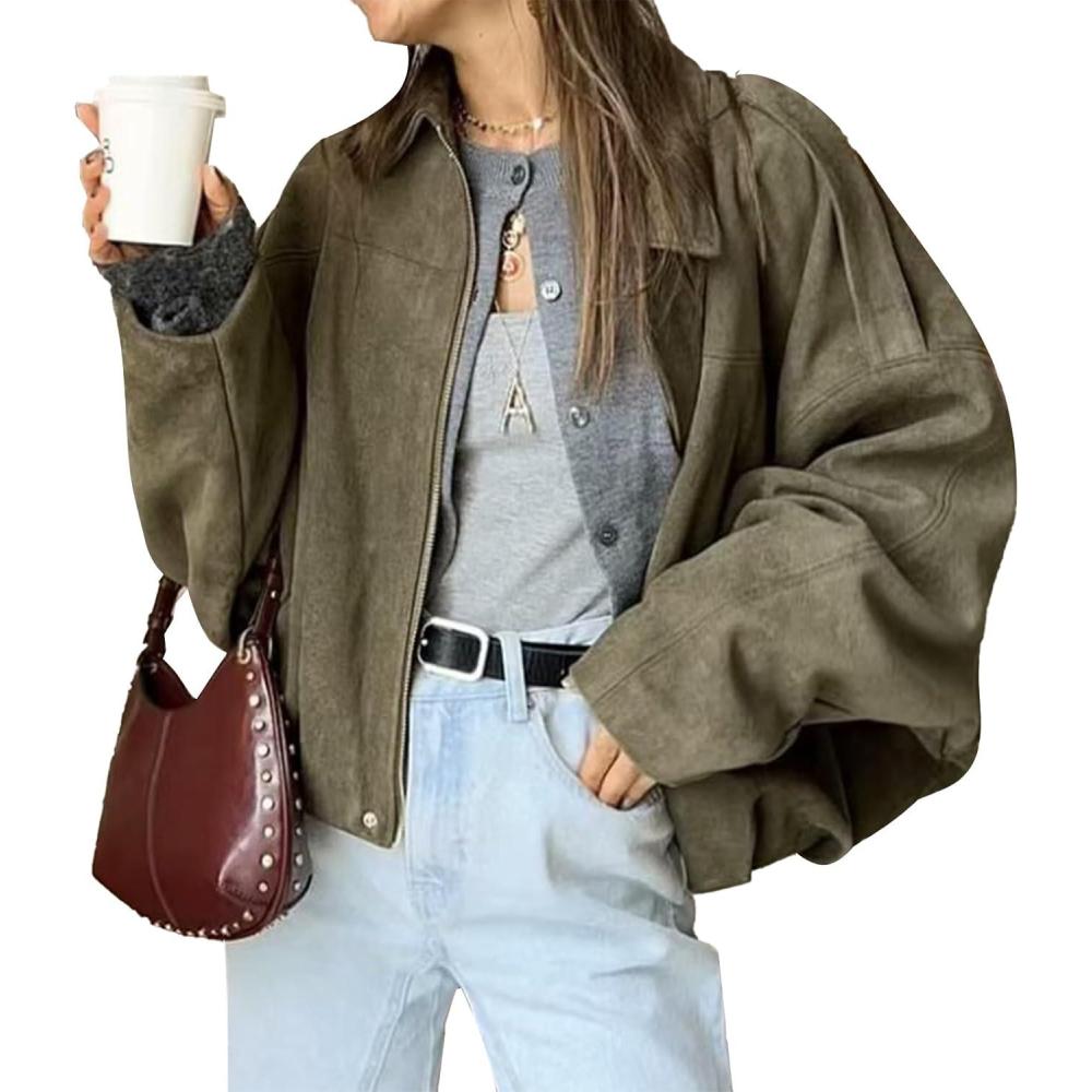 imageHOTIAN Womens Faux Suede Bomber Jacket Zipper Pilot Coat Casual Lapel Oversized Long Sleeves Y2K Outerwear CoatsArmy Green