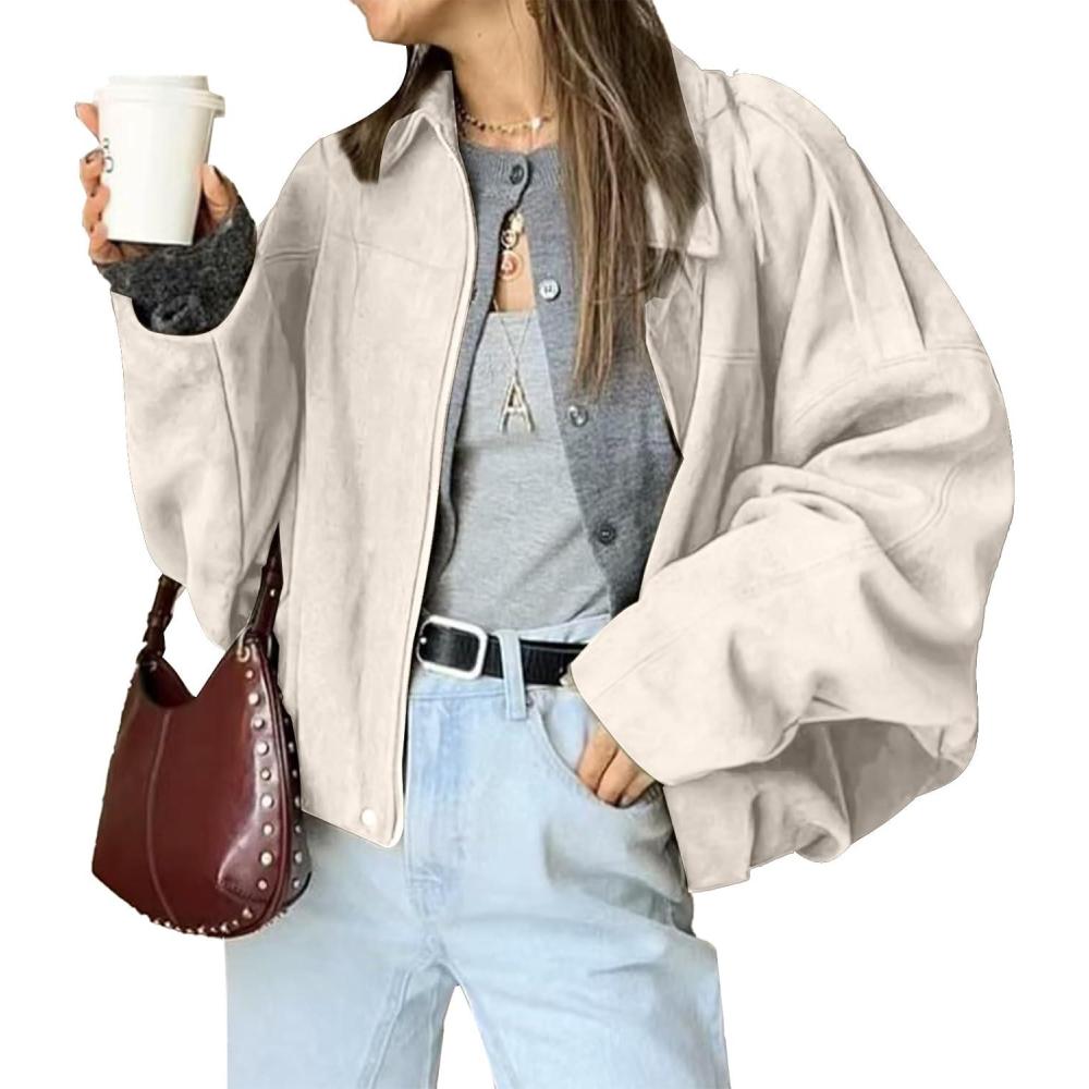 imageHOTIAN Womens Faux Suede Bomber Jacket Zipper Pilot Coat Casual Lapel Oversized Long Sleeves Y2K Outerwear CoatsBeige
