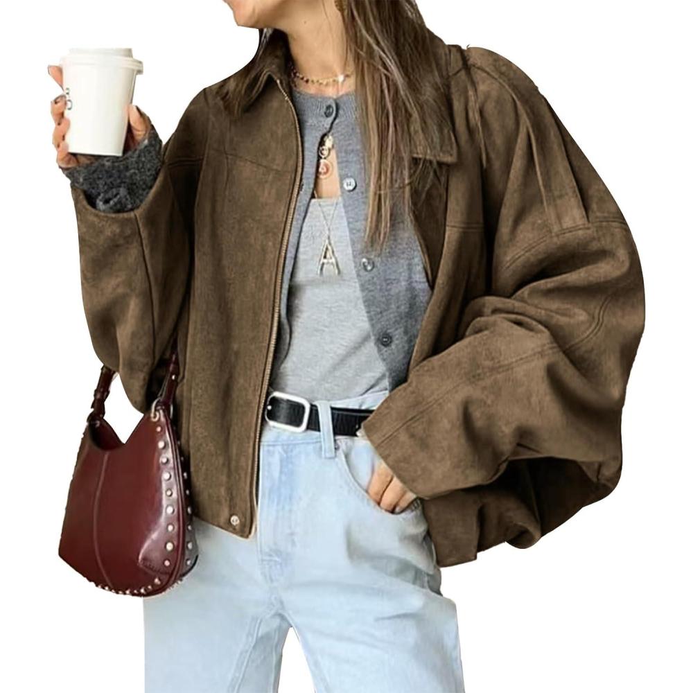 imageHOTIAN Womens Faux Suede Bomber Jacket Zipper Pilot Coat Casual Lapel Oversized Long Sleeves Y2K Outerwear CoatsBrown