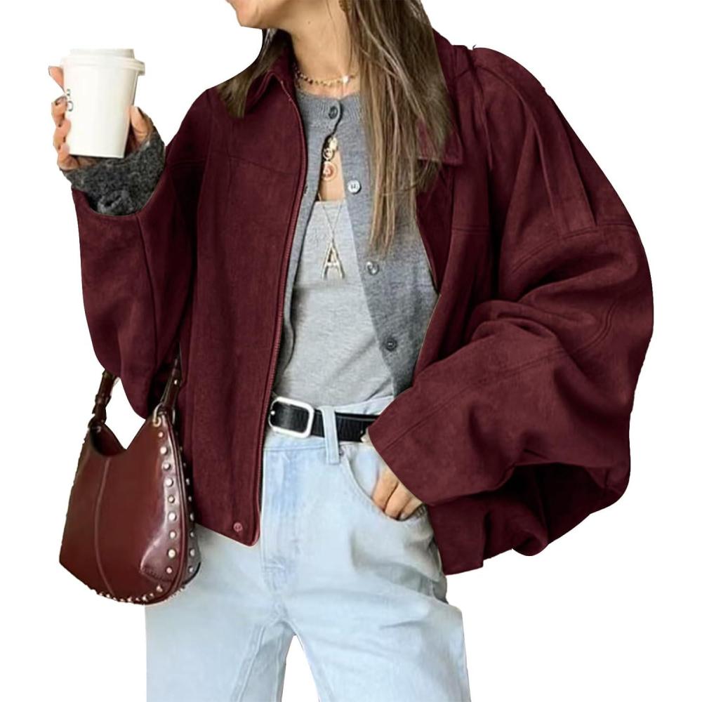 imageHOTIAN Womens Faux Suede Bomber Jacket Zipper Pilot Coat Casual Lapel Oversized Long Sleeves Y2K Outerwear CoatsBurgundy