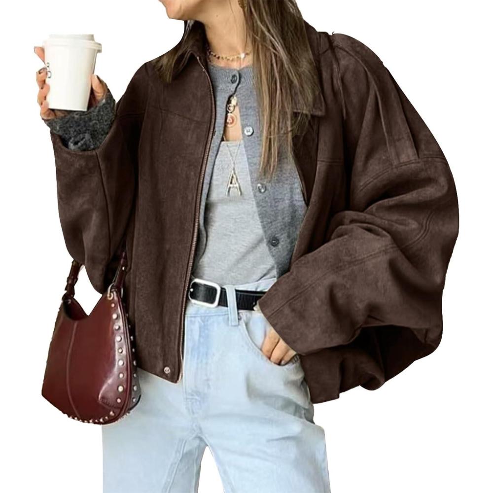 imageHOTIAN Womens Faux Suede Bomber Jacket Zipper Pilot Coat Casual Lapel Oversized Long Sleeves Y2K Outerwear CoatsCoffee