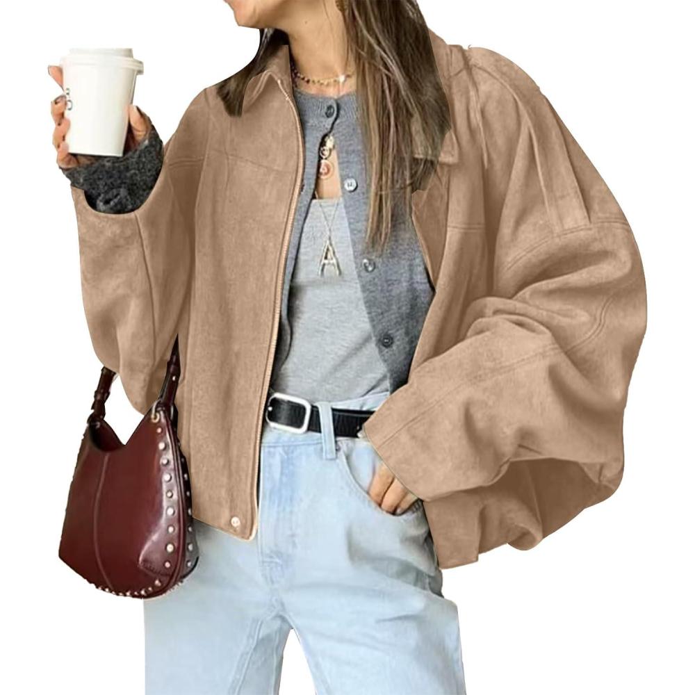 imageHOTIAN Womens Faux Suede Bomber Jacket Zipper Pilot Coat Casual Lapel Oversized Long Sleeves Y2K Outerwear CoatsKhaki