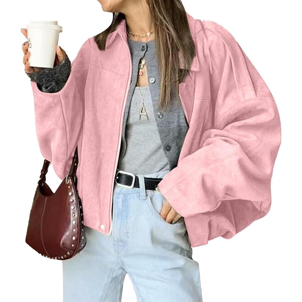 imageHOTIAN Womens Faux Suede Bomber Jacket Zipper Pilot Coat Casual Lapel Oversized Long Sleeves Y2K Outerwear CoatsPink