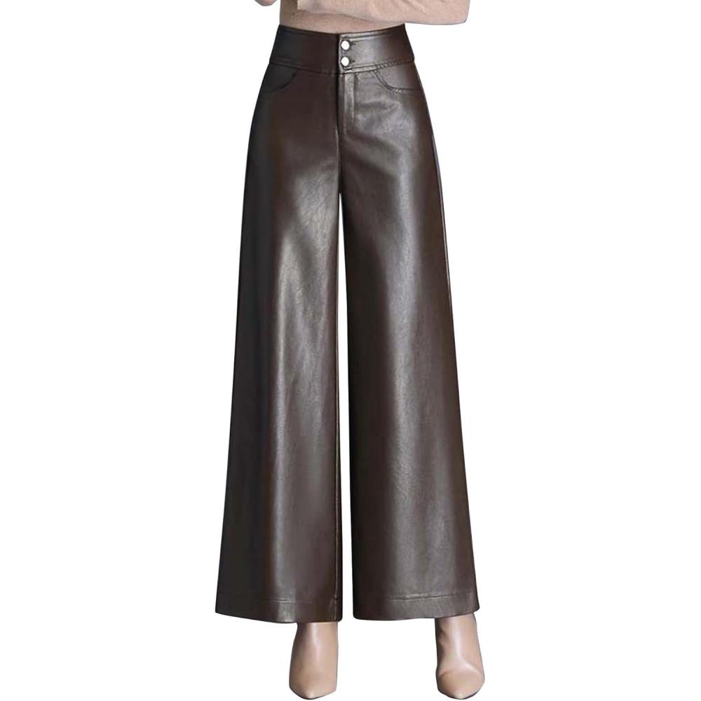 imageHaoMay Womens High Waist Wide Leg PU Faux Leather Cropped Pants CulottesBrown