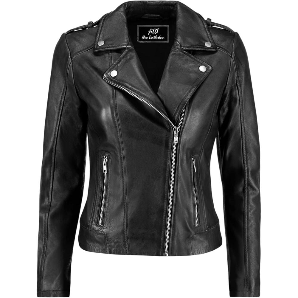 imageJild Biker Style Vintage Leather Jacket Women Casual Fashion Motorcycle ZipUp Lightweight Coat Collar Women Leather JacketBlack