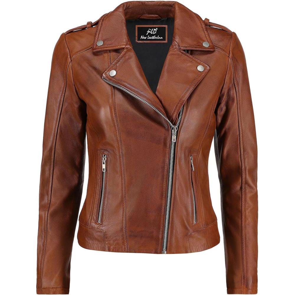 imageJild Biker Style Vintage Leather Jacket Women Casual Fashion Motorcycle ZipUp Lightweight Coat Collar Women Leather JacketCognac