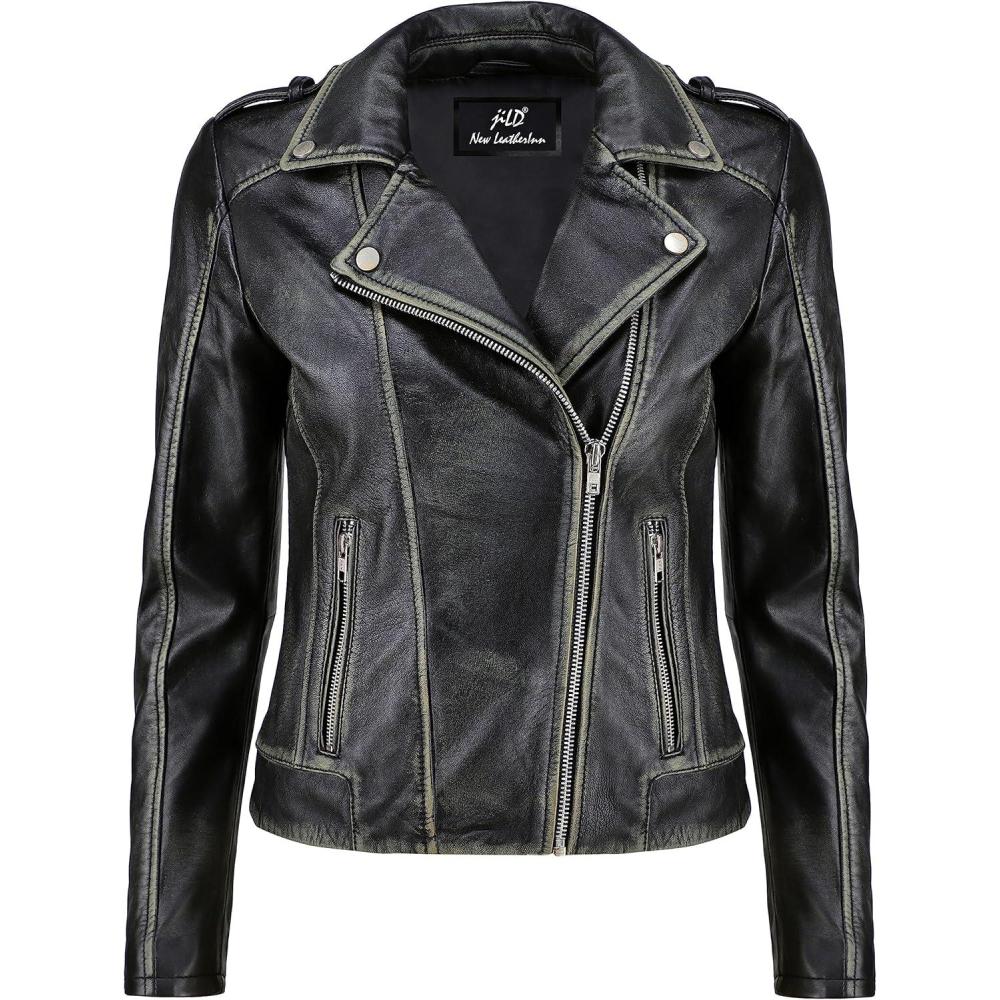 imageJild Biker Style Vintage Leather Jacket Women Casual Fashion Motorcycle ZipUp Lightweight Coat Collar Women Leather JacketDistressed
