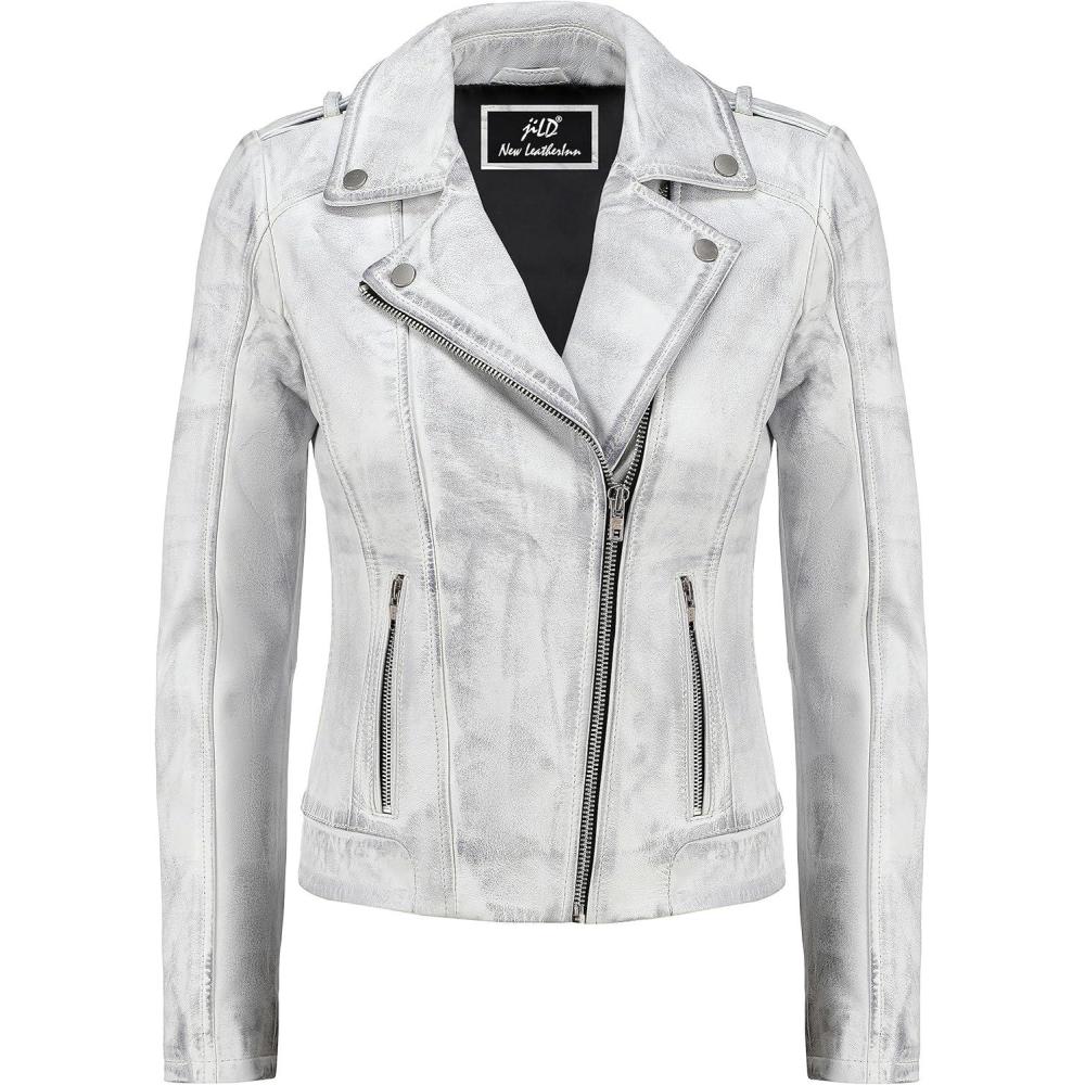 imageJild Biker Style Vintage Leather Jacket Women Casual Fashion Motorcycle ZipUp Lightweight Coat Collar Women Leather JacketWhite