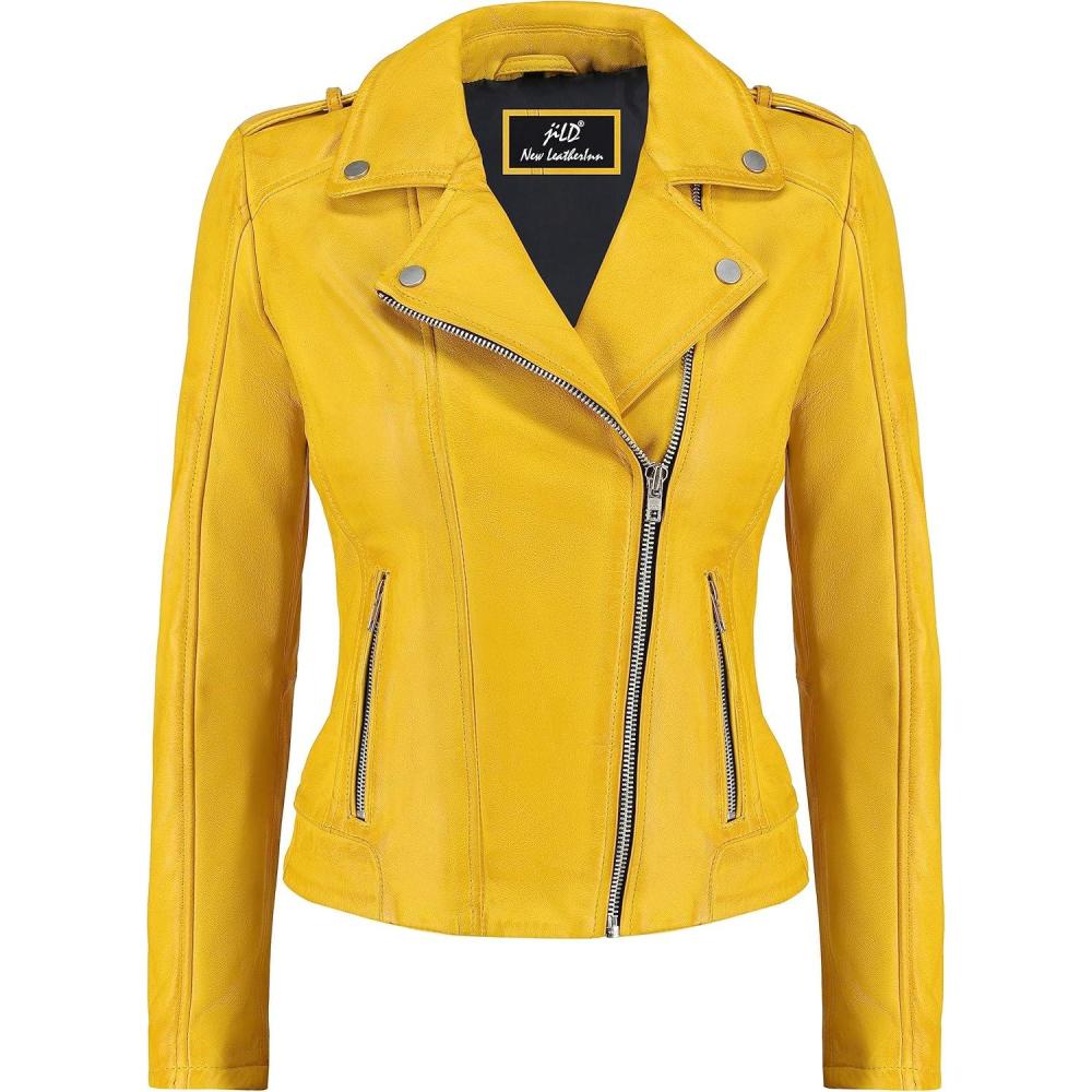 imageJild Biker Style Vintage Leather Jacket Women Casual Fashion Motorcycle ZipUp Lightweight Coat Collar Women Leather JacketYellow