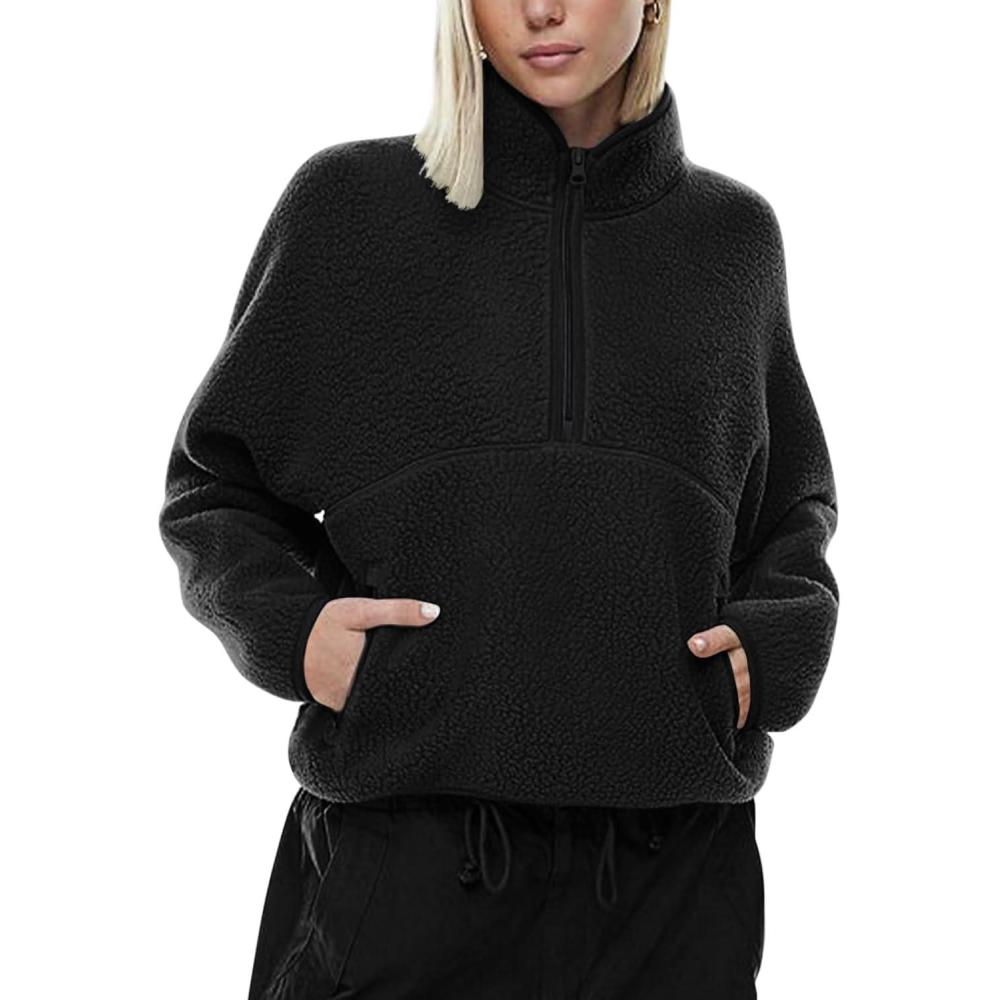 imageLASLULU Womens Half Zip Pullover Cropped Sweatshirts Sherpa Fleece Jacket Fuzzy Sweaters Cute Winter Jackets with PocketsBlack