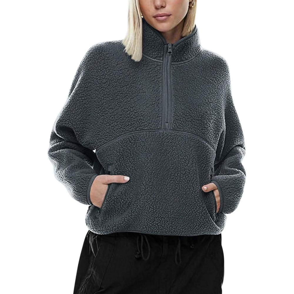 imageLASLULU Womens Half Zip Pullover Cropped Sweatshirts Sherpa Fleece Jacket Fuzzy Sweaters Cute Winter Jackets with PocketsDark Grey