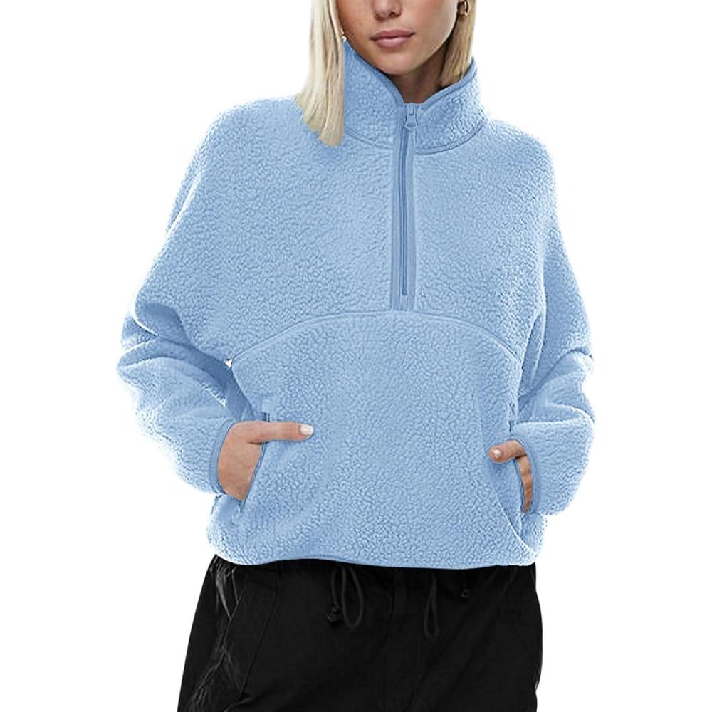 imageLASLULU Womens Half Zip Pullover Cropped Sweatshirts Sherpa Fleece Jacket Fuzzy Sweaters Cute Winter Jackets with PocketsLight Blue