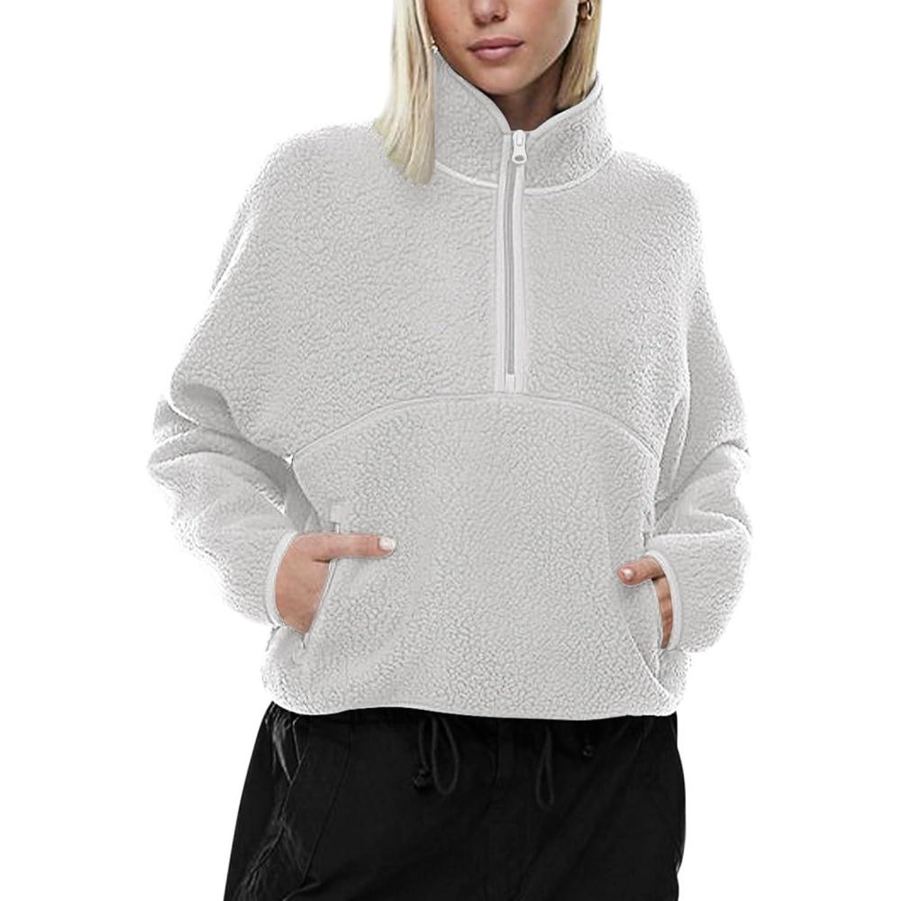 imageLASLULU Womens Half Zip Pullover Cropped Sweatshirts Sherpa Fleece Jacket Fuzzy Sweaters Cute Winter Jackets with PocketsLight Grey
