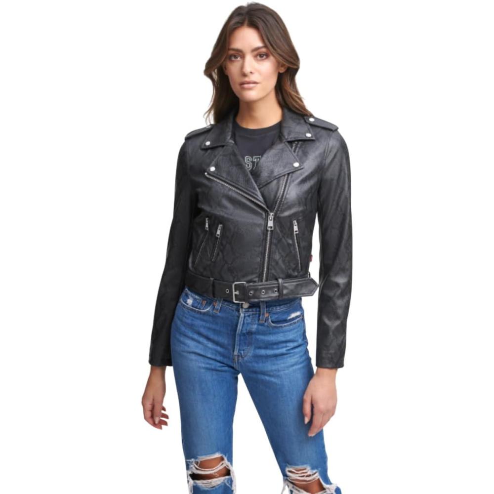 imageLevis Womens The Belted Faux Leather Moto Jacket Regular amp Plus SizeCharcoalBlack Snake