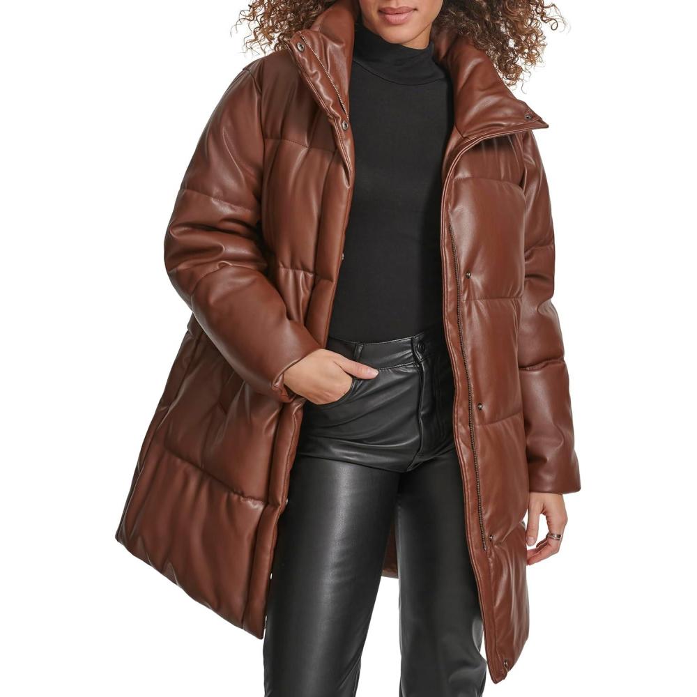 imageLevis womens Faux Leather Midlength Puffer CoatDark Brown